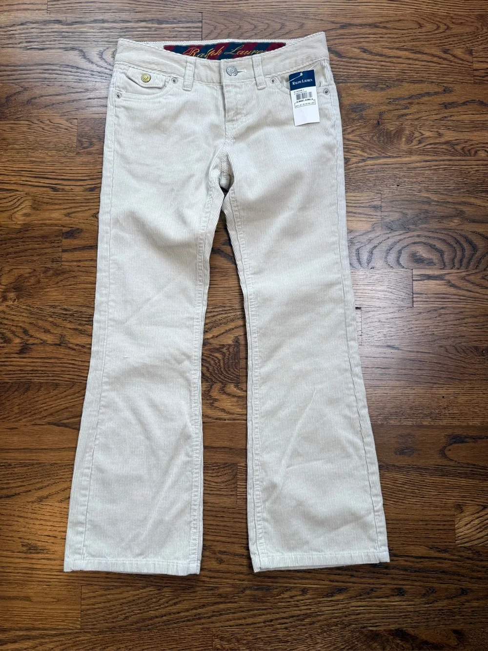 NWT Vintage Y2K Ralph Lauren Girls Low Rise Flare Cream Corduroy Trousers Sz 7
